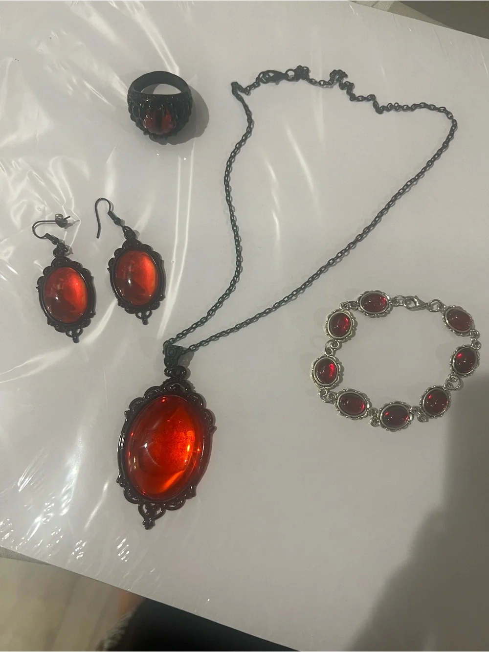 Vintage-Inspired Gothic Red Dragon Eye Jewelry Lot Necklace Earrings Ring